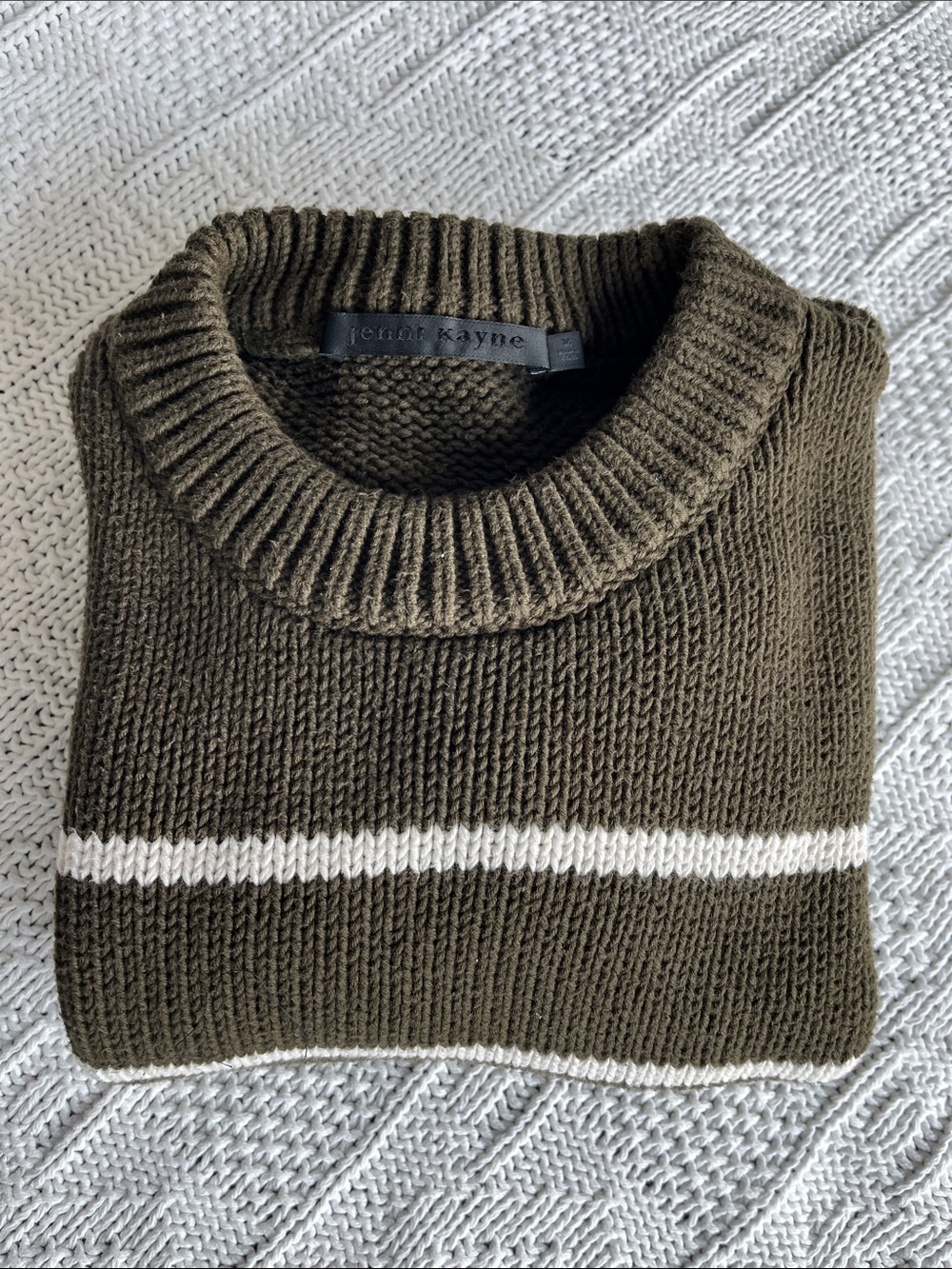 Jenni Kayne Chloe Striped Cotton Crewneck Sweater in Warm Olive Cream Sz M - Picture 7 of 7